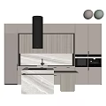 Sleek Modern Kitchen Interior With Marble Island Range Hood Oven And Gray Cabinets