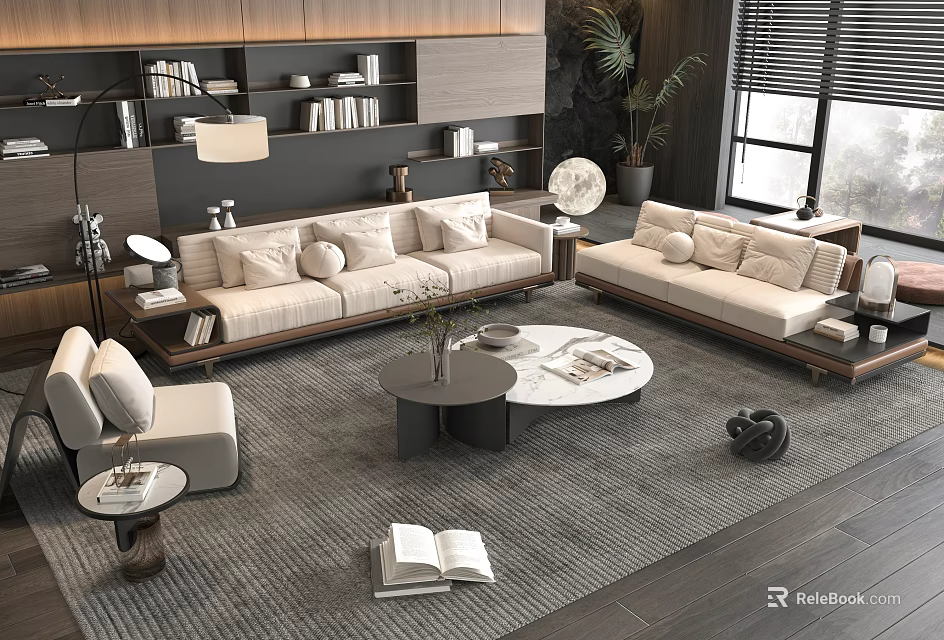 Modern Beige Sofa and Coffee Table Set With Round Tables Pillows Gray Rug and Bookshelves 3d model 