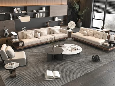 Modern Beige Sofa and Coffee Table Set With Round Tables Pillows Gray Rug and Bookshelves 3d model