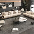 Modern Beige Sofa and Coffee Table Set With Round Tables Pillows Gray Rug and Bookshelves