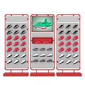 Modern Shoe Store Featuring Display Shelves With Various Colored Shoes And Central Green Highlight