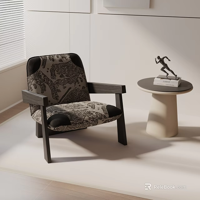 Patterned Upholstered Leisure Chair With Wooden Frame And Side Table Decorative Sculpture 3d model 