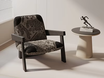 Patterned Upholstered Leisure Chair With Wooden Frame And Side Table Decorative Sculpture 3d model