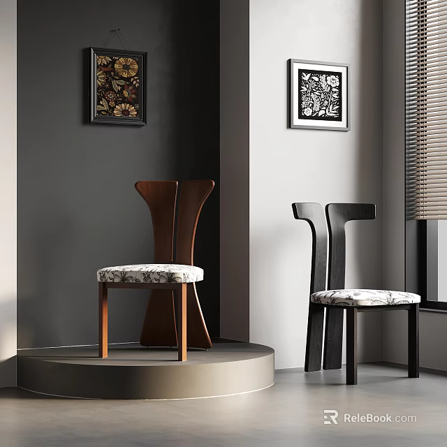 Two Brown And Black Wooden Chairs With Patterned Cushions Grey Wall Decorative Paintings Interior 3d model 