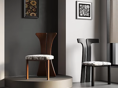 Two Brown And Black Wooden Chairs With Patterned Cushions Grey Wall Decorative Paintings Interior 3d model