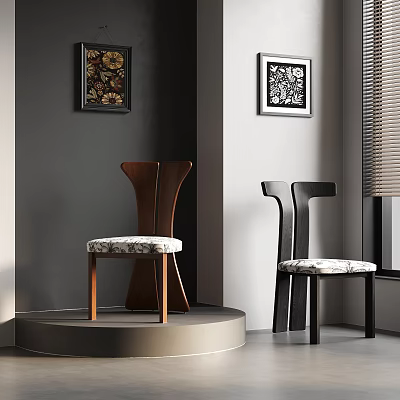 Two Brown And Black Wooden Chairs With Patterned Cushions Grey Wall Decorative Paintings Interior 3d model