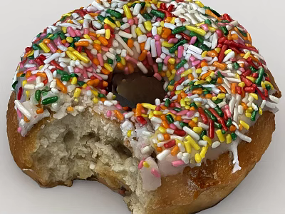 Close Up Of Bitten Donut With White Frosting And Colorful Sprinkles 3d model