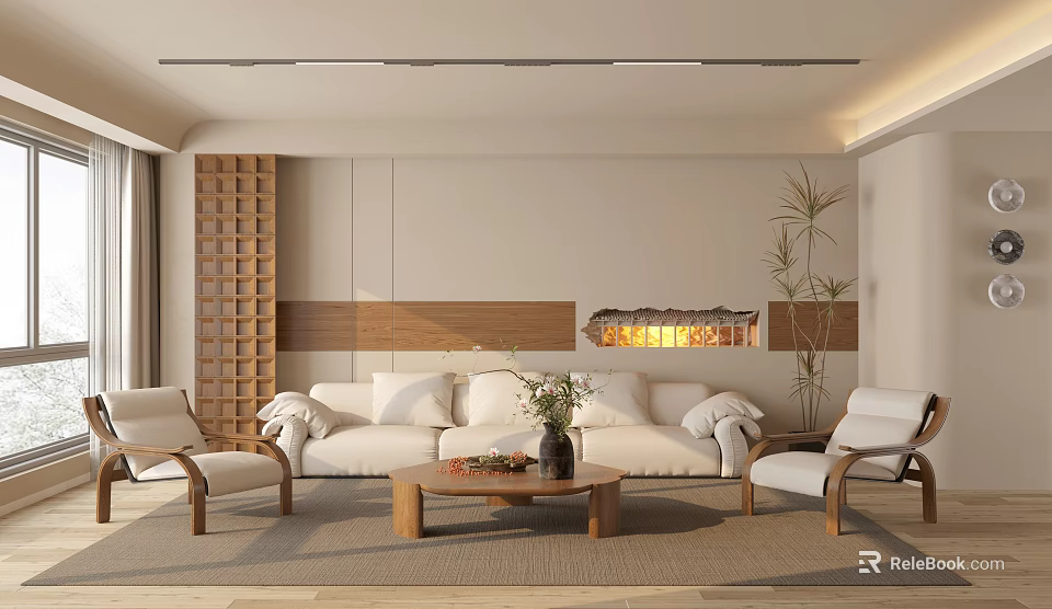 Modern Living Room Interior With White Sofa Wooden Coffee Table Fireplace And Plants 3d model 