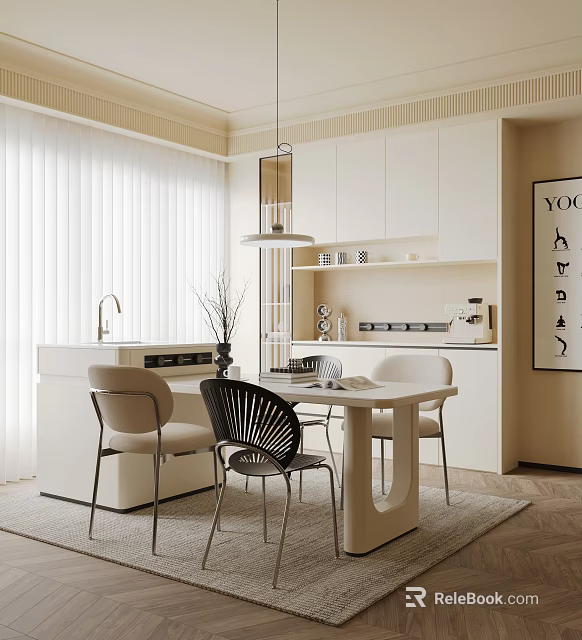 Modern Restaurant Interior With Dining Table Chairs Pendant Light White Cabinets And Window Blinds 3d model 