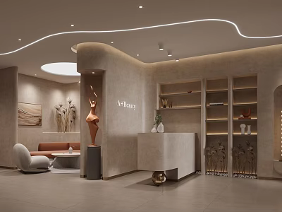 Modern Beauty Hair Salon Interior With Reception Desk Sofa And Decorative Sculptures 3d model