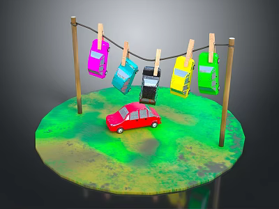 Colorful Toy Cars Hanging On Clothesline With Clothespins And Red Car On Circular Platform 3d model