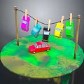 Colorful Toy Cars Hanging On Clothesline With Clothespins And Red Car On Circular Platform