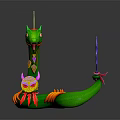 Vibrant Green Snake Like Game Movie Character With Orange Yellow Feathered Head And Red Eyes