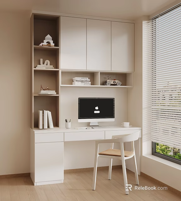Modern Home Office Interior With White Desk Computer Bookshelf Decorative Items And Window Blinds 3d model 