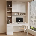Modern Home Office Interior With White Desk Computer Bookshelf Decorative Items And Window Blinds