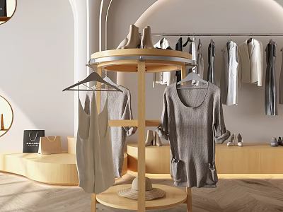 Modern Walk in Closet with Round Wooden Rack Hanging Clothes Shoes and Hat 3d model