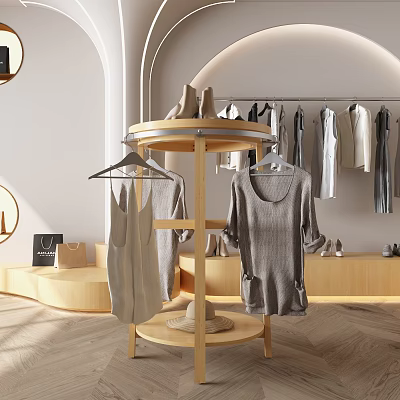 Modern Walk in Closet with Round Wooden Rack Hanging Clothes Shoes and Hat 3d model