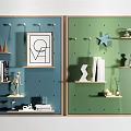 Modern Wall Decor Design With Blue Green Shelves Hooks And Decorative Items 3d model