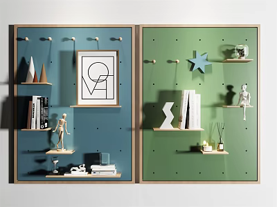 Modern Wall Decor Design With Blue Green Shelves Hooks And Decorative Items 3d model