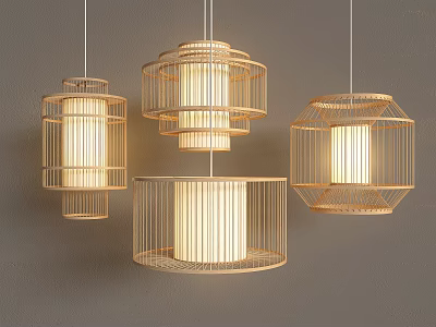 Modern Woven Pendant Lights With Different Geometric Shapes And Natural Material Design 3d model