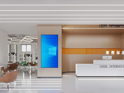 Modern Office Reception Area With Blue Screen Wooden Wall And White Front Desk 3d model