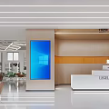 Modern Office Reception Area With Blue Screen Wooden Wall And White Front Desk