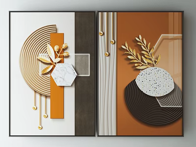 Modern Abstract Wall Art With Geometric Shapes Golden Leaves Marble Texture And Orange Brown Tones 3d model
