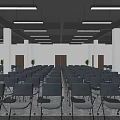 Conference Room With Neatly Arranged Gray Folding Chairs Large Screen And Wooden Walls