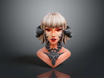 Mythical Character Head Sculpture With Black Ram Horns Blonde Hair Red Lips And Intricate Necklace 3d model