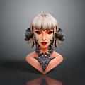 Mythical Character Head Sculpture With Black Ram Horns Blonde Hair Red Lips And Intricate Necklace