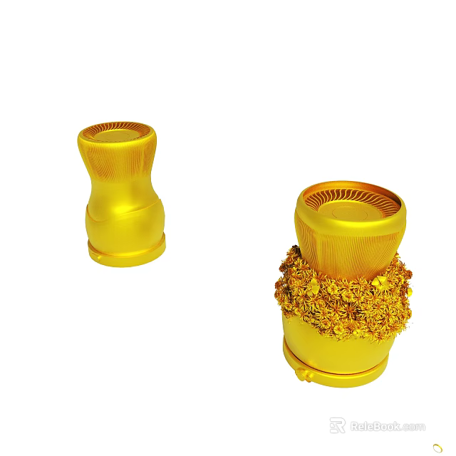 Two Golden Decorative Objects With Ornate Base And Shiny Surface Finish 3d model 