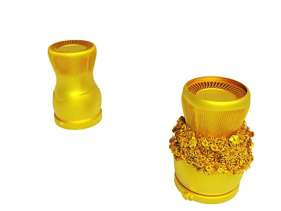Two Golden Decorative Objects With Ornate Base And Shiny Surface Finish 3d model