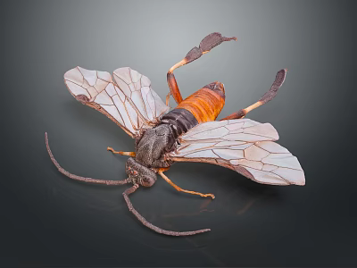 Detailed View Of Flying Insect With Transparent Wings Black And Orange Body Long Antennae 3d model