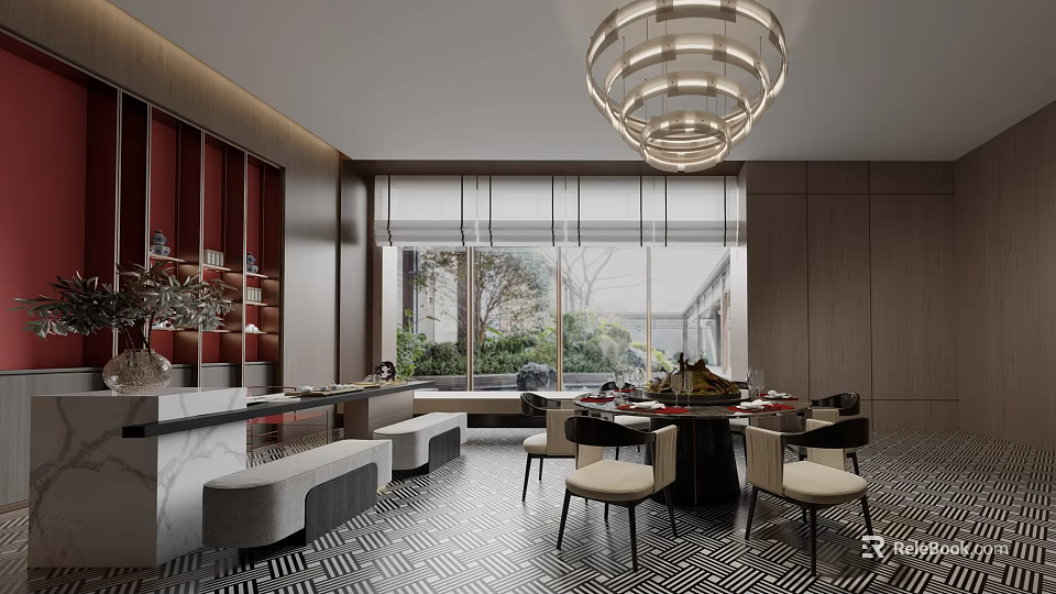 Modern Private Dining Room With Dining Table Chandelier And Large Windows 3d model