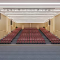 Modern Lecture Hall Interior With Red Raked Seats Wooden Walls And Ceiling Lighting