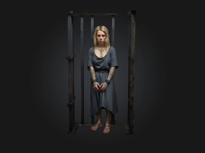 Mysterious Woman In Gray Dress Standing Behind Iron Bars With Dark Background 3d model