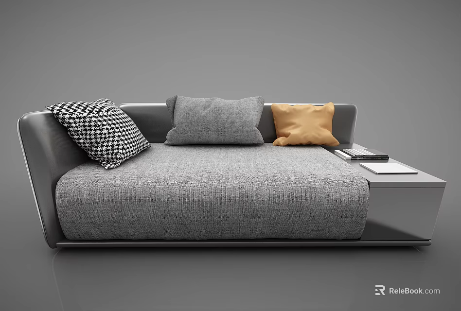 Modern Gray Fabric Chaise Lounge With Checkered Orange Pillows And Side Table 3d model