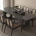 Modern Dining Table And Chairs With Black Rectangular Top Six Wooden Frames Brown Seats 3d model