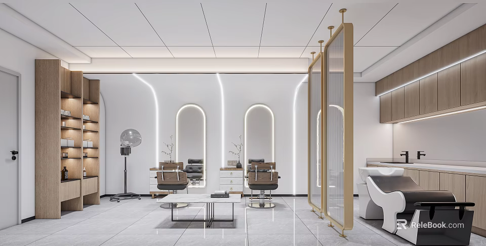 Modern Beauty Hair Salon Interior With Stylish Chairs Arch Mirrors And Soft Lighting 3d model 