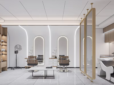 Modern Beauty Hair Salon Interior With Stylish Chairs Arch Mirrors And Soft Lighting 3d model