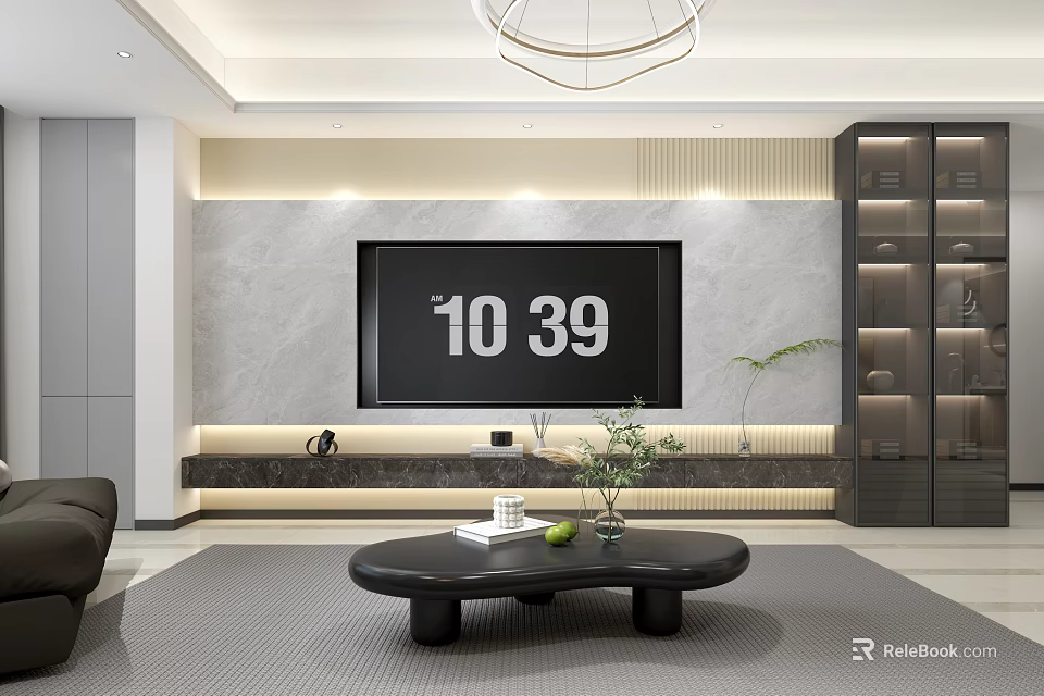 Modern Living And Dining Room With Gray TV Wall Black Coffee Table Green Plant And Gray Tones 3d model 
