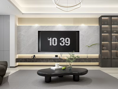 Modern Living And Dining Room With Gray TV Wall Black Coffee Table Green Plant And Gray Tones 3d model