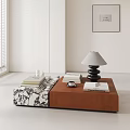 Minimalist Brown Wooden Coffee Table With Black Lamp Books And Small Cup In Bright Modern Interior