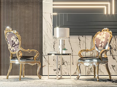 Two Luxury Leisure Chairs With Golden Carved Frame Floral Patterned Cushions Marble Wall And Wooden Paneling 3d model