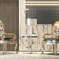 Two Luxury Leisure Chairs With Golden Carved Frame Floral Patterned Cushions Marble Wall And Wooden Paneling