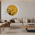 Modern Living Dining Room Interior With Beige Sofa Circular Yellow Painting And Wooden Coffee Table