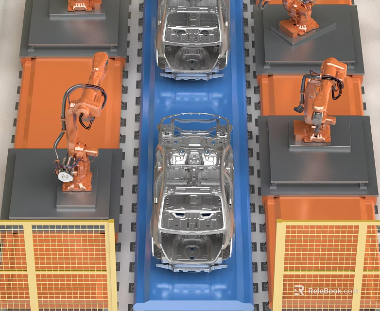 Industrial Equipment Robotic Arms Working on Automotive Production Line with Car Chassis and Conveyor Belt 3d model 