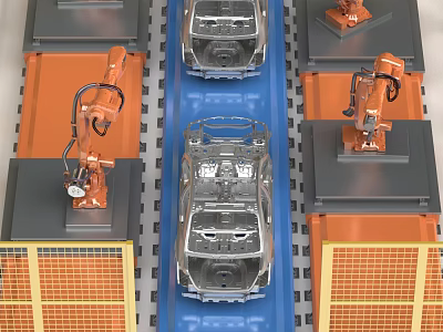 Industrial Equipment Robotic Arms Working on Automotive Production Line with Car Chassis and Conveyor Belt 3d model