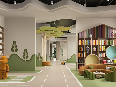 Children's Book Art Inspired Indoor Space With Colorful Bookshelves Green Decor And Cartoon Bear 3d model