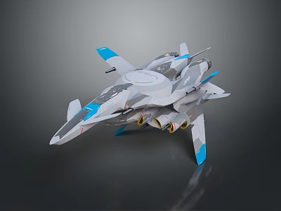 Futuristic Gray And Blue Fighter Jet Model With Sleek Design Multiple Engines And Wings 3d model